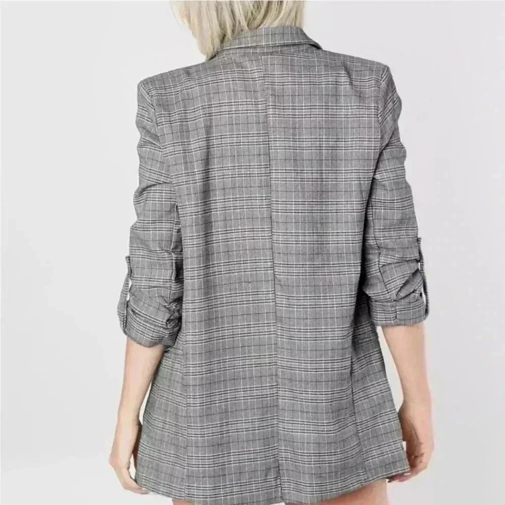 Stoosh classic preppy plaid checkered open roll tab sleeve blazer - Picture 2 of 4